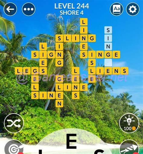 Wordscapes level 243 in the Shore Pack category and Tropic Group subcategory contains 9 words and the letters EINTY making it a relatively easy level. . 244 wordscapes
